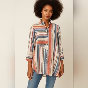 Boho Chic Striped Lagan Look Tunic Blouse Med Side Pockets Tencil Viscose Nylon